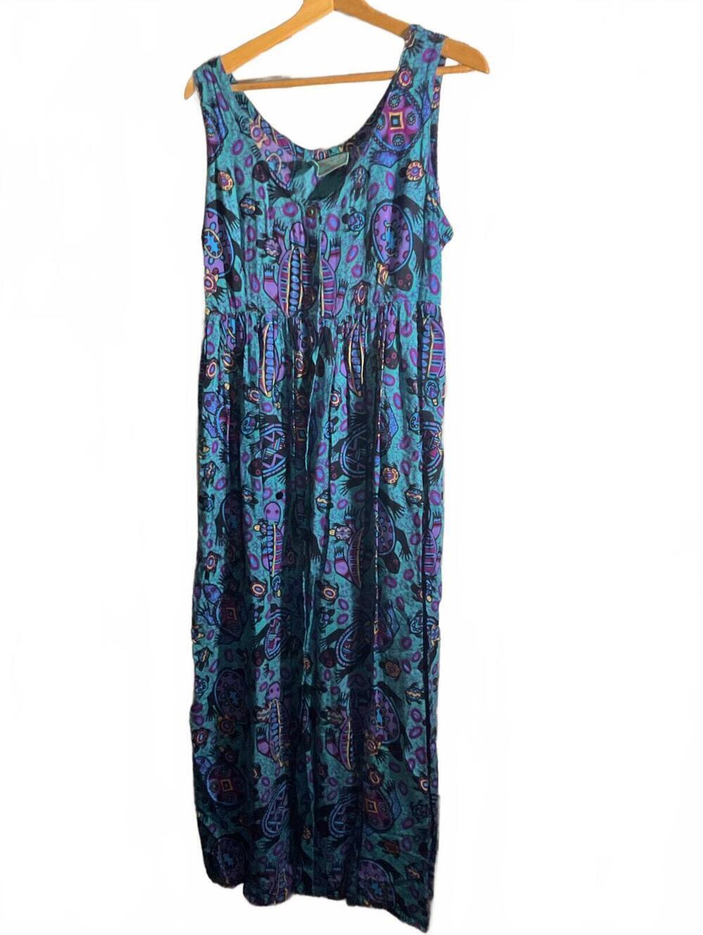 Rainbow Jo Maui Hawaii Sleeveless Button Up Maxi Dress/Colorful Turtles M